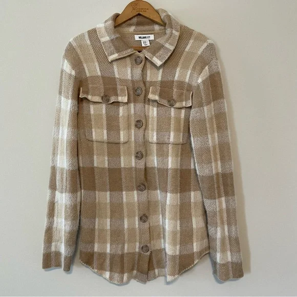 William Rast Plaid Shacket Womens XS Tan Cream Button Front Knit Shirt Jacket - Picture 2 of 4